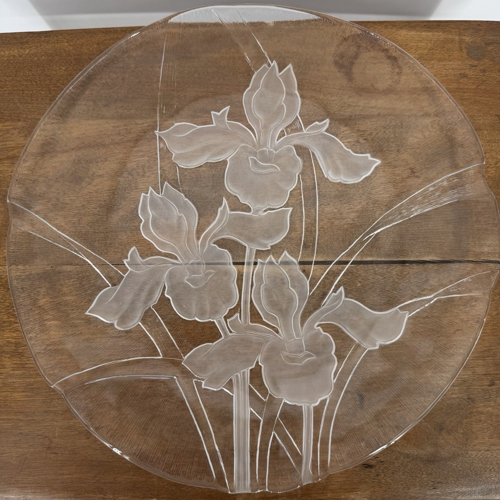 Vintage Dorothy Thorpe Sand Etched Glass‎ Iris Platter MCM Serving Plate 12"